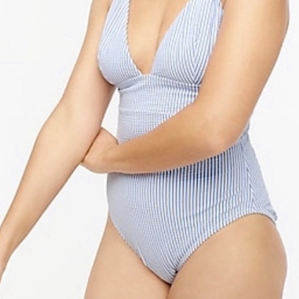 J. Crew Ruffled Halter One-piece Swimsuit Seersucker Scoop back Blue and White 6